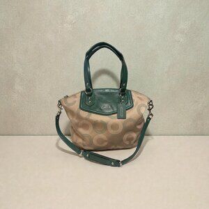 Coach Ashley Dotted OP Art North South Satchel F25183 Beige Sateen Green Leather